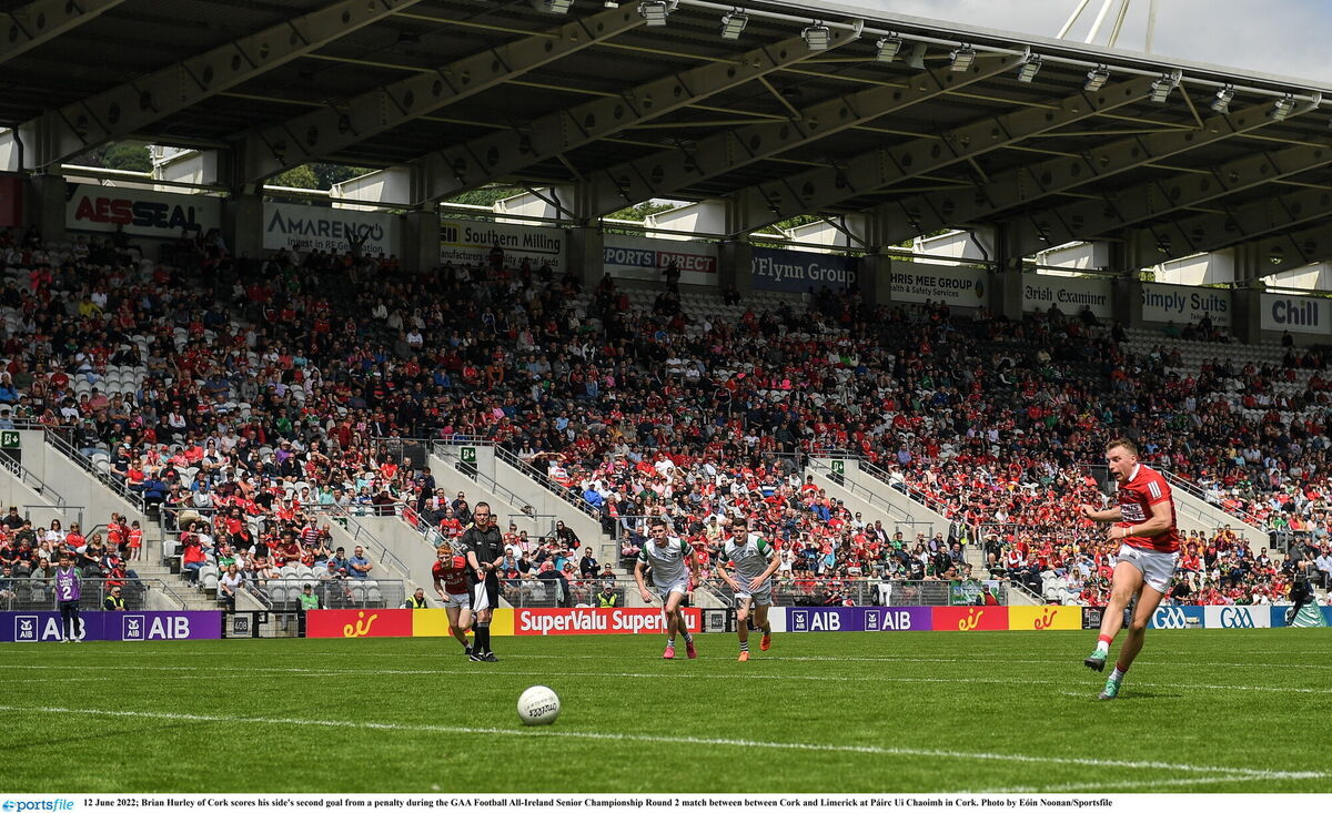 Cork captain Brian Hurley of Cork scores his side's second goal from a penalty against Limerick in last season's qualifier at Páirc Ui Chaoimh. Picture: Eóin Noonan/Sportsfile