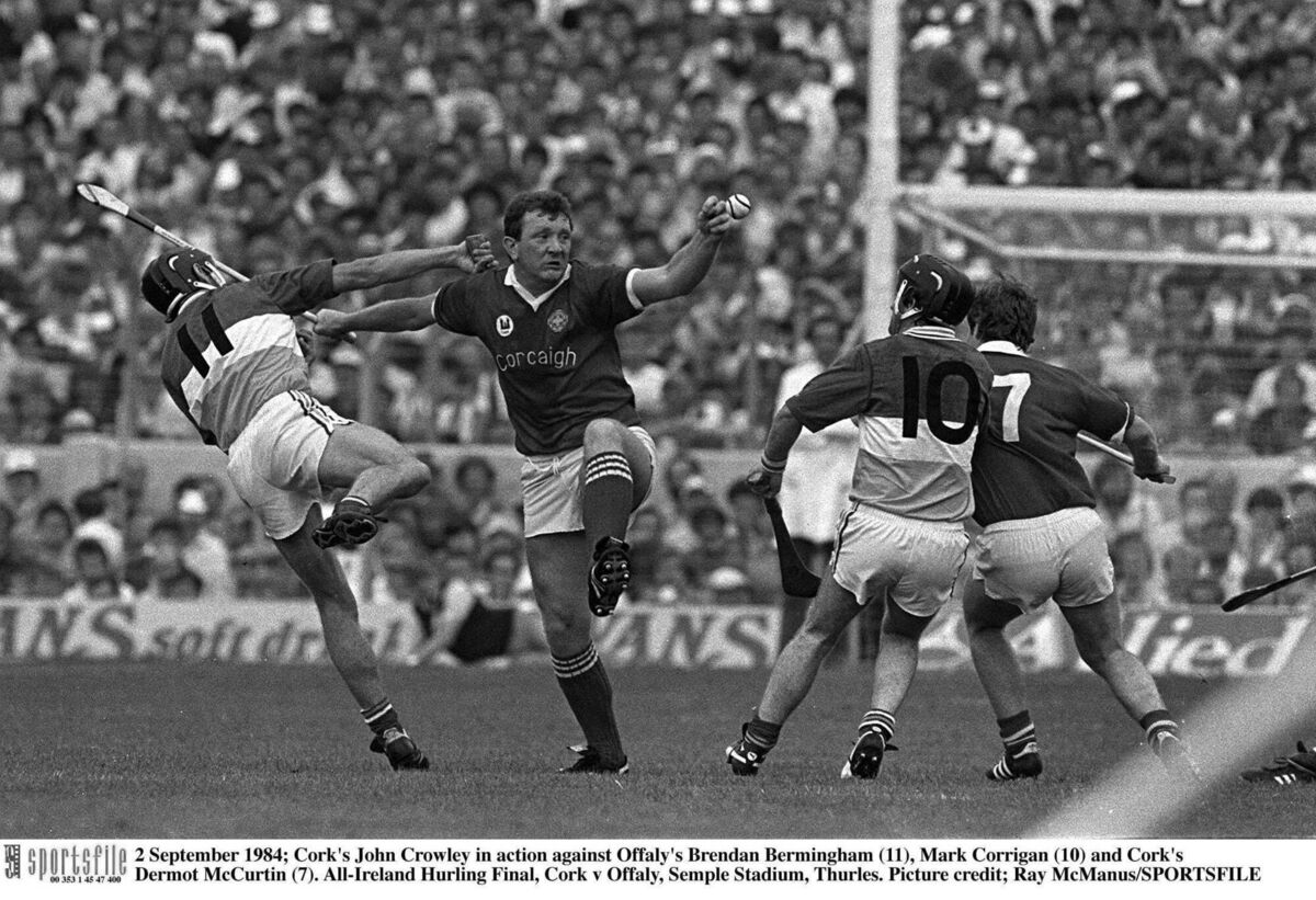 Cork's Johnny Crowley in action against Offaly's Brendan Bermingham (11), Mark Corrigan (10) and Cork's Dermot McCurtain in 1984 at Semple Stadium, Thurles. Picture: Ray McManus/SPORTSFILE Cork's Johnny Crowley in action against Offaly's Brendan Bermingham (11), Mark Corrigan (10) and Cork's Dermot McCurtain in 1984 at Semple Stadium, Thurles. Picture: Ray McManus/SPORTSFILE