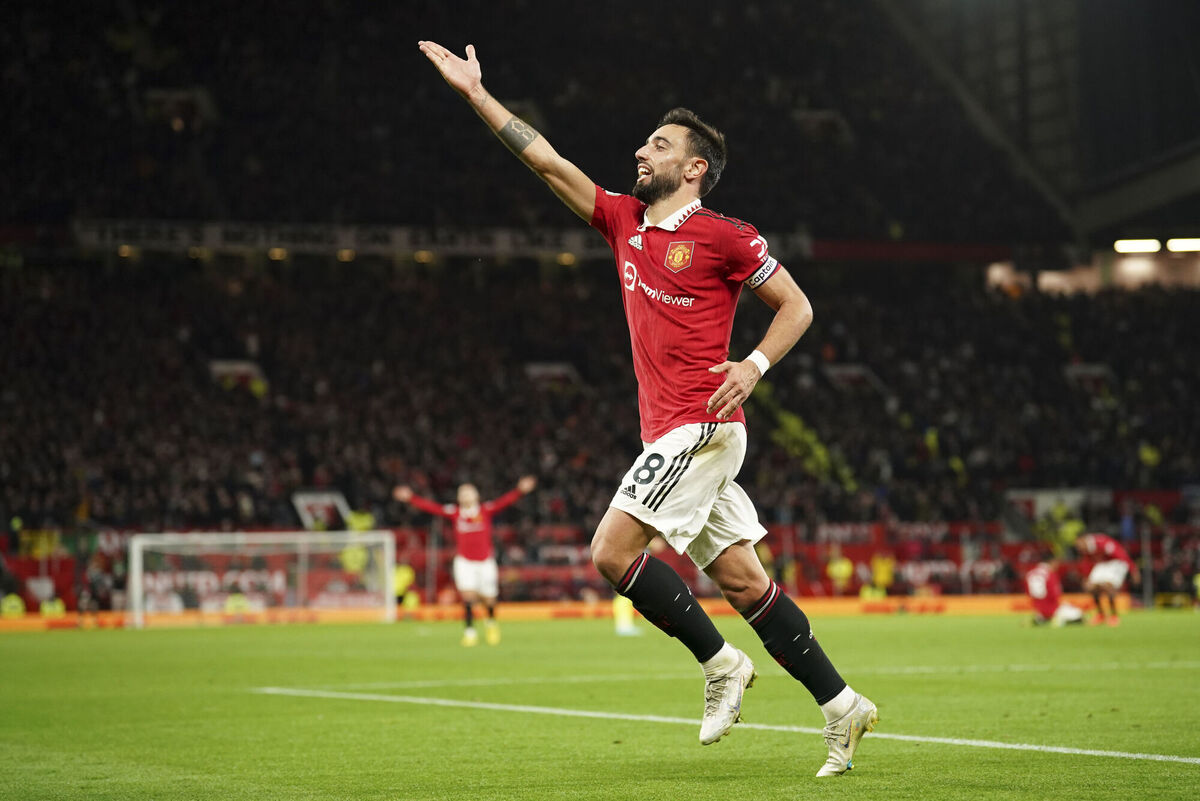 Manchester United's Bruno Fernandes celebrates after scoring his team's second goal during the English Premier League match against Tottenham Hotspur at Old Trafford. Picture: AP Photo/Dave Thompson