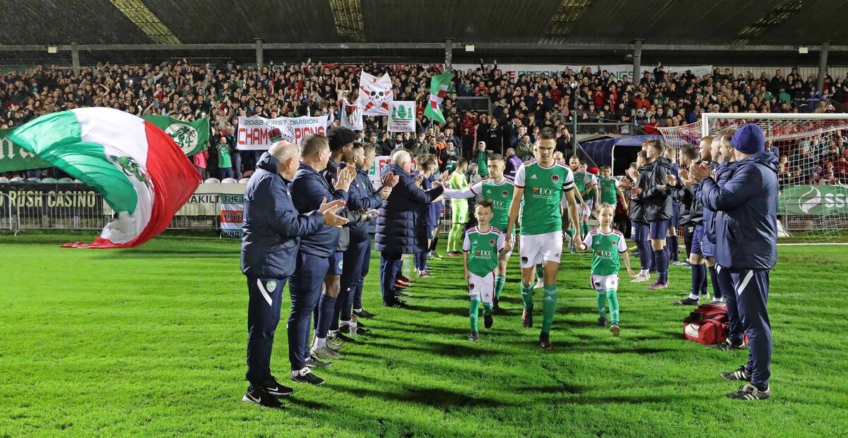  Cian Coleman, Cork City captain with mascots James and Maisie Murphy, during the Bray Wanderers guard of honor for Cork City FC winning the First Division league title. Picture: Jim Coughlan.