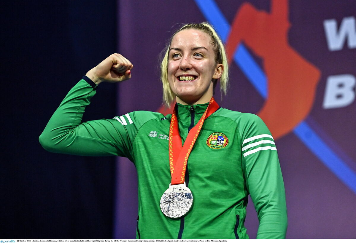 Christina Desmond of Ireland, with her silver medal in the light middleweight 70kg final during the EUBC Women's European Boxing Championships 2022 at Budva Sports Centre in Budva, Montenegro. Photo by Ben McShane/Sportsfile Christina Desmond of Ireland, with her silver medal in the light middleweight 70kg final during the EUBC Women's European Boxing Championships 2022 at Budva Sports Centre in Budva, Montenegro. Photo by Ben McShane/Sportsfile