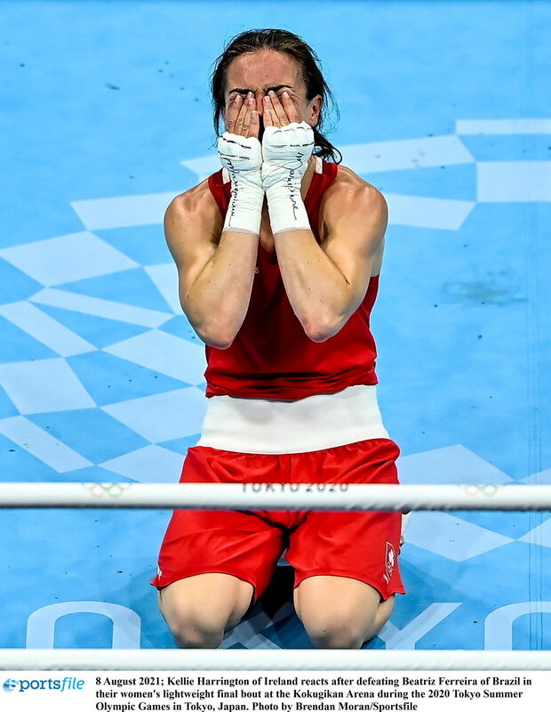Kellie Harrington of Ireland reacts after defeating Beatriz Ferreira of Brazil in their women's lightweight final bout at the Kokugikan Arena during the 2020 Tokyo Summer Olympic Games in Tokyo, Japan. Photo by Brendan Moran/Sportsfile