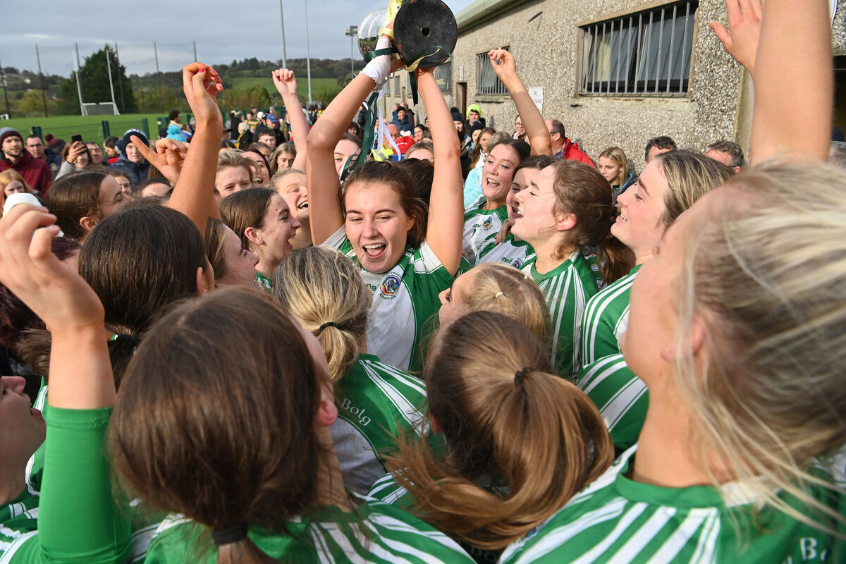  Aghabullogue captain Katie McCarthy holding the Nano Nagle Cup aloft. Picture: Dan Linehan