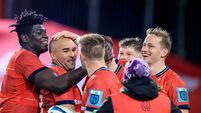Shane Daly celebrates after scoring a try with Edwin Edogbo, Simon Zebo and Mike Haley 29/10/2022