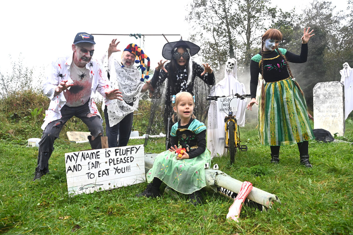 Gaia Koniecpolska bravely sits on a hungry crocodile at 'Crossbarry Zoo' as (rear) John A Murphy , Con Prout, Hang O'Reilly and Agnieszka Koniecpolska get spooky