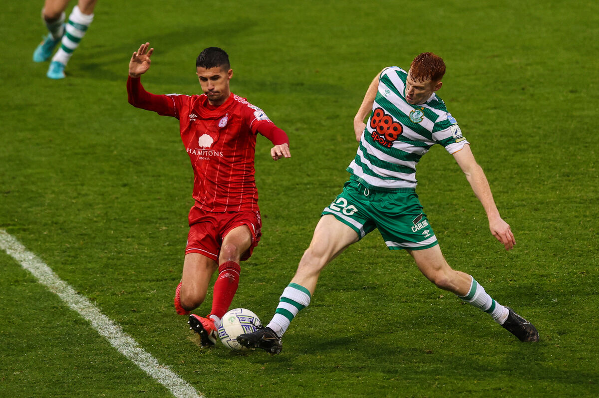 Shamrock Rovers’ Rory Gaffney with Shane Griffin of Shelbourne. Picture: INPHO/Ryan Byrne Shamrock Rovers’ Rory Gaffney with Shane Griffin of Shelbourne. Picture: INPHO/Ryan Byrne