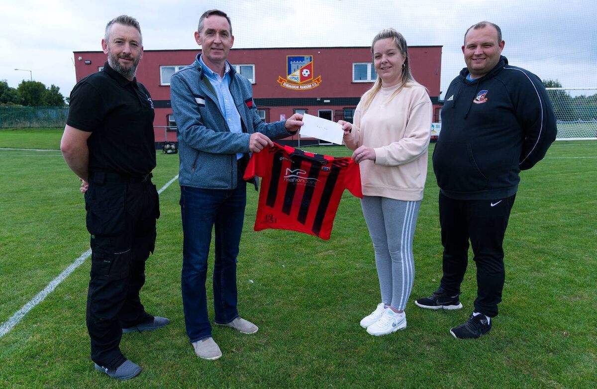 At the launch of the Ringmahon Rangers Academy Shirt Sponsorship: Alan Cooper, Justin Young, general manager of front of shirt sponsors Mahon Point Shopping Centre, Katie Carroll, Ringmahon Academy treasurer and head of Ringmahon Rangers Academy Paul Higgins. Picture: Doug Minihane