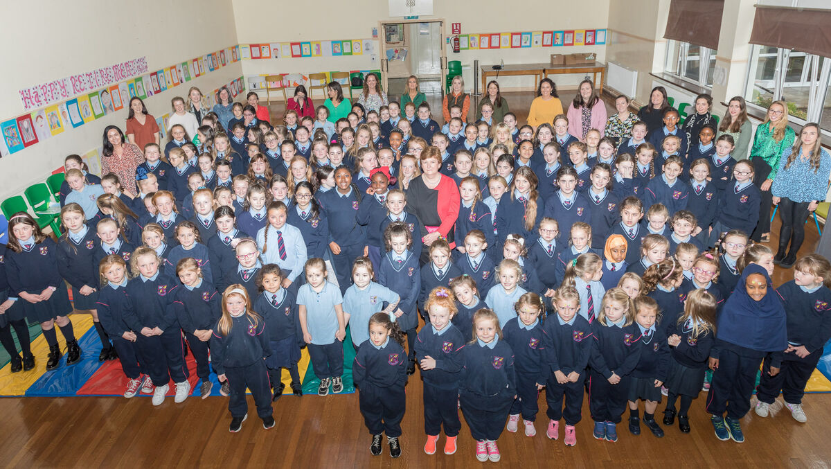 School principal Teresa O'Sullivan as she says goodbye to the student body as she retires after twenty seven years at Scoil Aiseiri Chriost in Farranree, Cork. Picture David Creedon