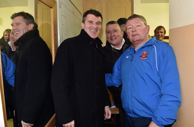 Roy Keane with co manager Bob O'Donovan and Mick O'Keeffe as he came to support Cobh Ramblers Ex players against Springfield in a charity fund raiser for Cobh Hospital at St Colman's Park, Cobh 