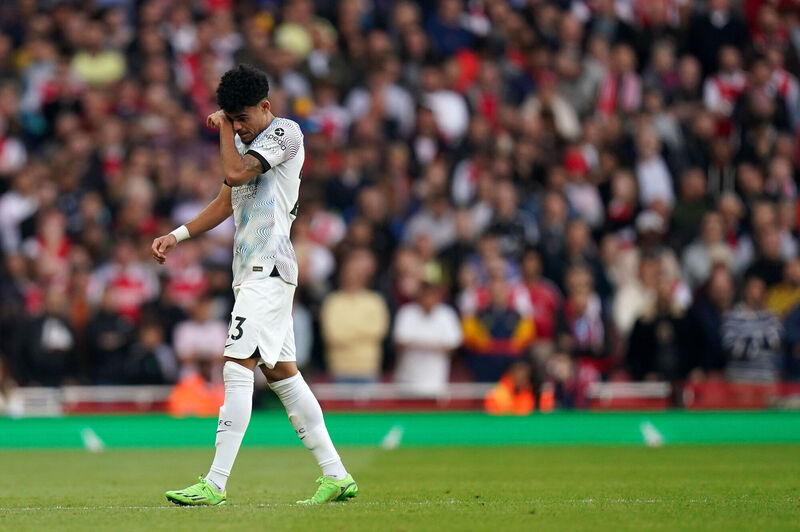 Liverpool's Luis Diaz leaves the pitch after picking up an injury during the Premier League match at the Emirates Stadium, London. Picture: Adam Davy/PA Wire.