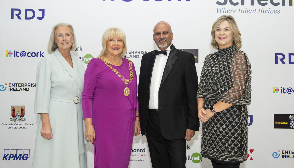 Adrienne Rodgers Cork City Council, Cllr. Deirdre Forde Lord Mayor , Manjit Gill KerrySciTech Chairperson and Gillian Bergin Chairperson it@cork at the TIA Leaders Awards 2022 , Rochestown Park Hotel. Photography By Gerard McCarthy.