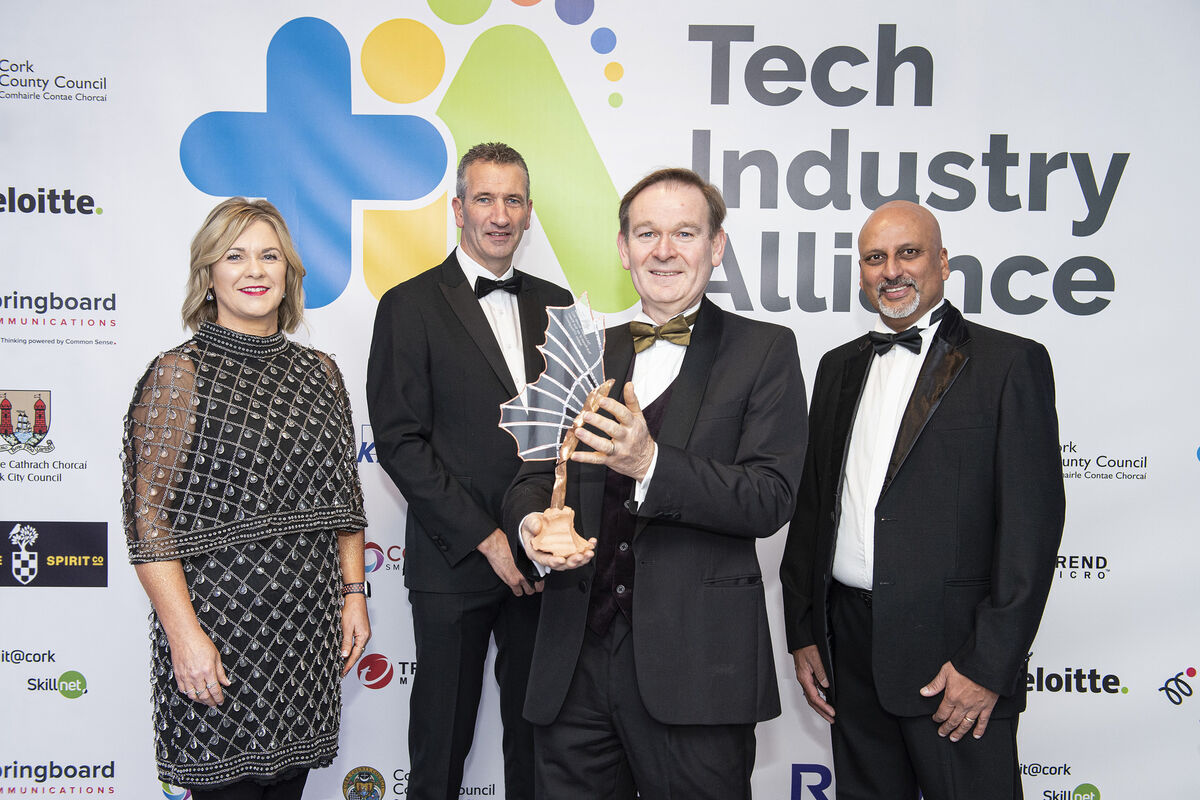Gillian Bergin Chairperson it@cork, Donagh Kiernan Vice Chair it@cork, Andrew O'Shaughnessy, Founder of Poppulo and Manjit Gill KerrySciTech Chairperson, Andrew O'Shaughnessy, Founder of Poppulo is honoured with Tech Person of the Year at the TIA