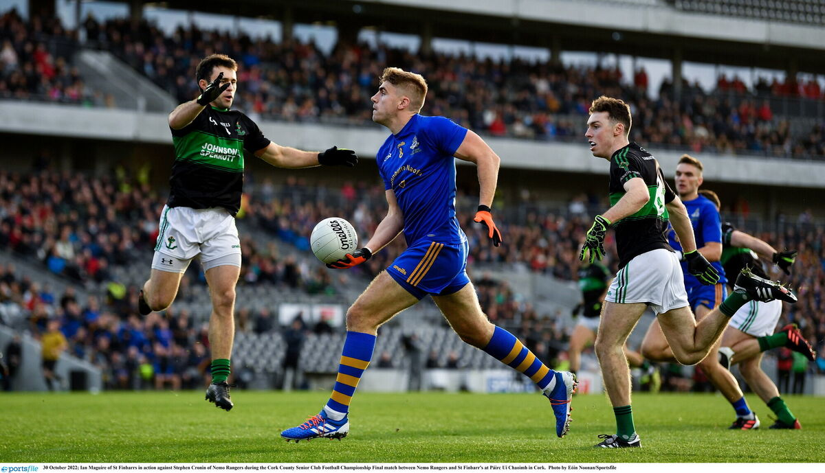 Ian Maguire of St Finbarrs in action against Stephen Cronin of Nemo Rangers, two of the All-Star 15. Picture: Eóin Noonan/Sportsfile