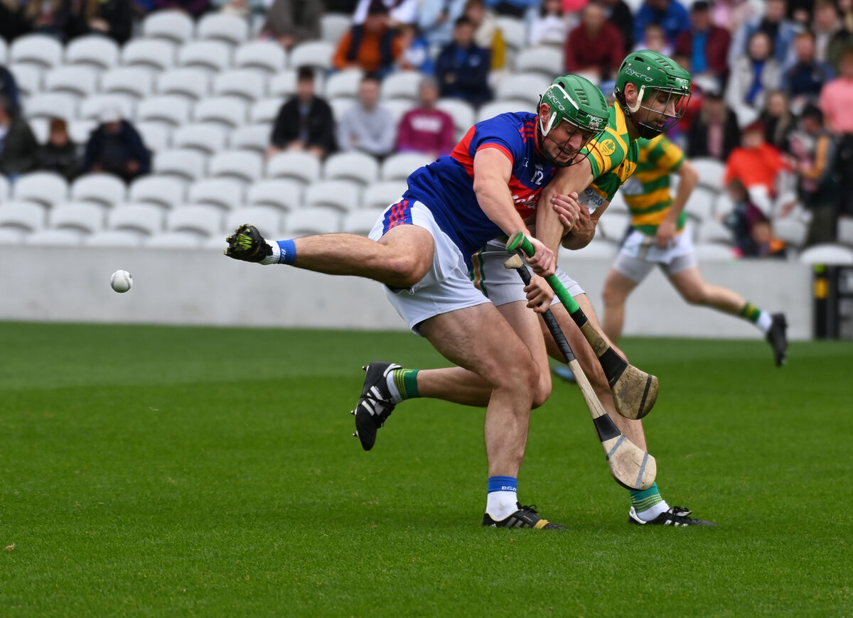 Erin's Own's Robbie O'Flynn and tussles for possession with John Cashman of Blackrock in the Co-op SuperStores Cork Premier SHC semi-final - both players are included in the All-Star 15. Picture: Eddie O'Hare
