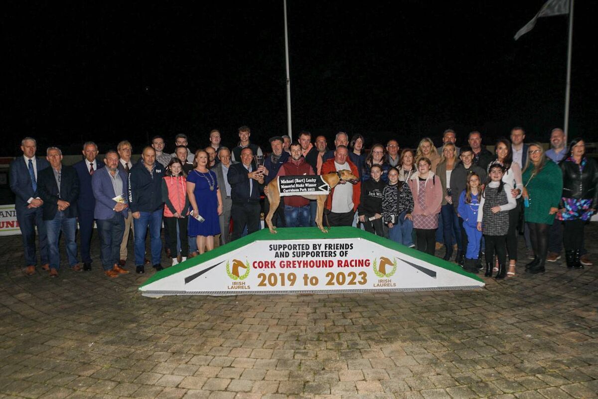 Ballymac Johnjo trained by Liam Dowling and winner of the 2022 Michael (Bart) Leahy Memorial A2 525 Final Curraheen Park