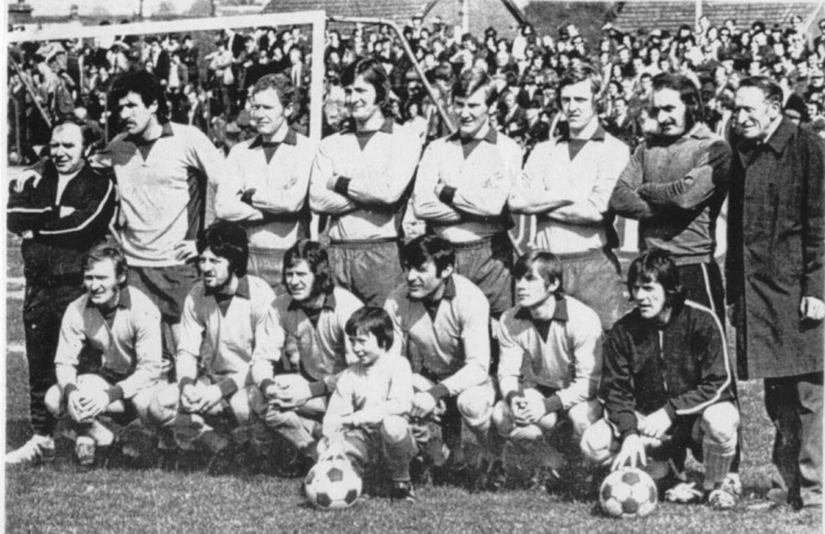 The Cork Celtic team who won the title in 1974. Back: Paul O’Donovan, Ben Hannigan, John McCarthy, Keith Edwards, John Carroll, Barry Notley, Alec Ludzik, Dinny Ryan. Front: Alfie Hale, Mick Tobin, Paddy Shortt, Ken Moore, Bobby Tambling, Richie Brooks, Frank O’Neill. The Cork Celtic team who won the title in 1974. Back: Paul O’Donovan, Ben Hannigan, John McCarthy, Keith Edwards, John Carroll, Barry Notley, Alec Ludzik, Dinny Ryan. Front: Alfie Hale, Mick Tobin, Paddy Shortt, Ken Moore, Bobby Tambling, Richie Brooks, Frank O’Neill.