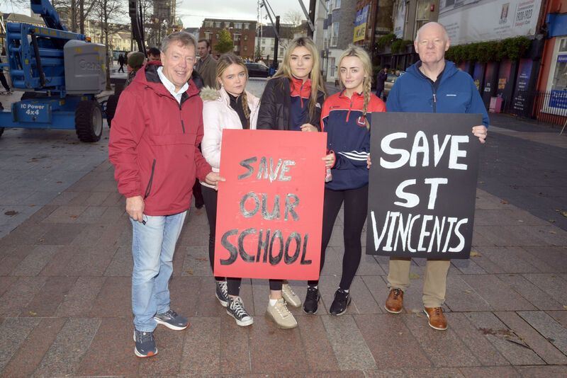 Pictured at a Save St Vincent's secondary school rally at the South Mall Cork city was Cslr Tony Fitzgerald and Cllrs John Sheehan with students Emily O'Leary, Saoirse O'Sullivan and Lydia Sheehan. Picture Denis Boyle Pictured at a Save St Vincent's secondary school rally at the South Mall Cork city was Cslr Tony Fitzgerald and Cllrs John Sheehan with students Emily O'Leary, Saoirse O'Sullivan and Lydia Sheehan. Picture Denis Boyle