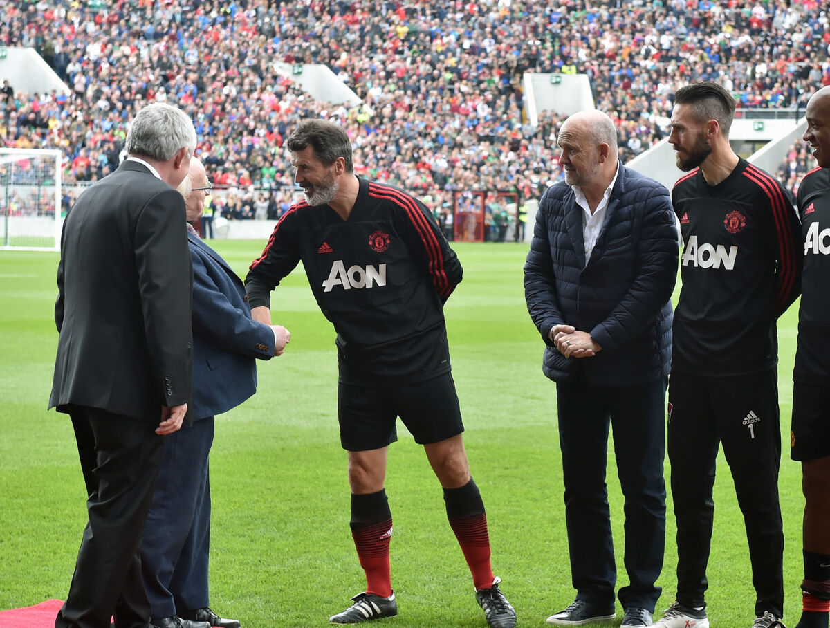 Roy Keane meets President Michael D Higgins, with Michael O'Flynn, flanked by Micky Phelan and Mark McNulty, at the Liam Miller tribute match. Picture: Eddie O'Hare Roy Keane meets President Michael D Higgins, with Michael O'Flynn, flanked by Micky Phelan and Mark McNulty, at the Liam Miller tribute match. Picture: Eddie O'Hare