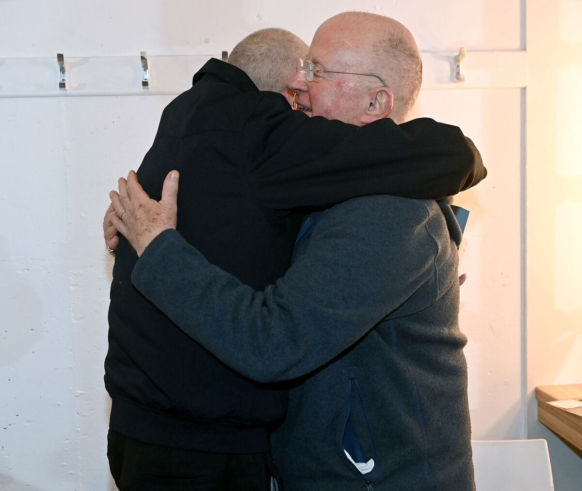 Christy Moore embraces Don O'Leary, Cork Life Centre at the concert in the Cork Opera House last night. Picture; Eddie O'Hare