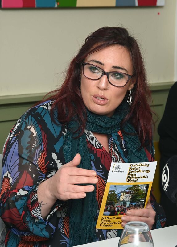 Marie-Claire Jennequin speaking at a Cork Cost of Living press conference at Quay Co-op, Cork, ahead of a protest in Cork on November 12.Picture: Denis Minihane.