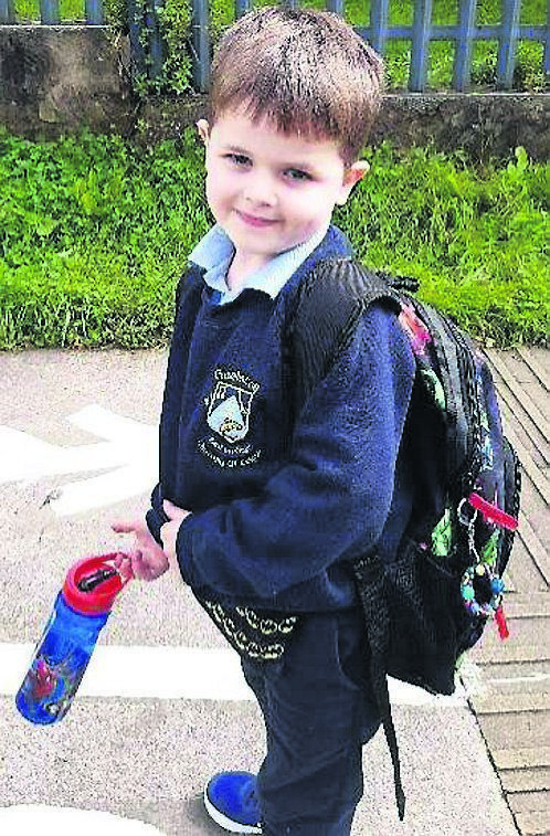 Oisin Duggan on his first day at school. He attends Gaelscoil Charraig Uí Leighin in Carrigaline