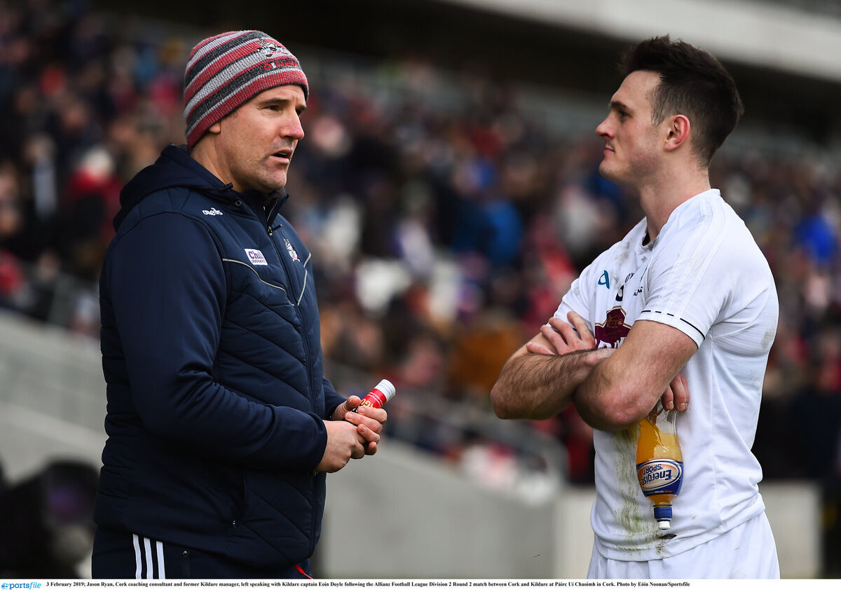 Jason Ryan, Cork coaching consultant and former Kildare manager, left speaking with Kildare captain Eoin Doyle. Picture: Eóin Noonan/Sportsfile