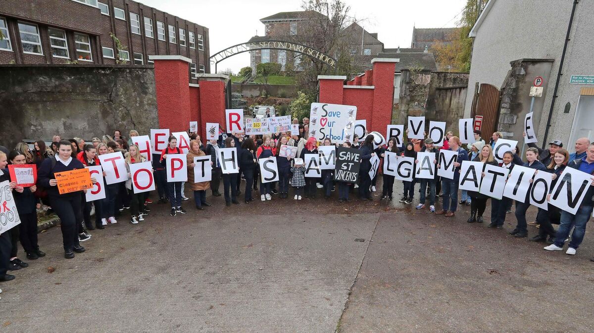 Students, parents and school staff from St. Vincent's Secondary School protest in relation to the proposed amalgamation with North Presentation, at St. Vincent's Secondary School, St. Mary's Road, Cork. Picture: Jim Coughlan.