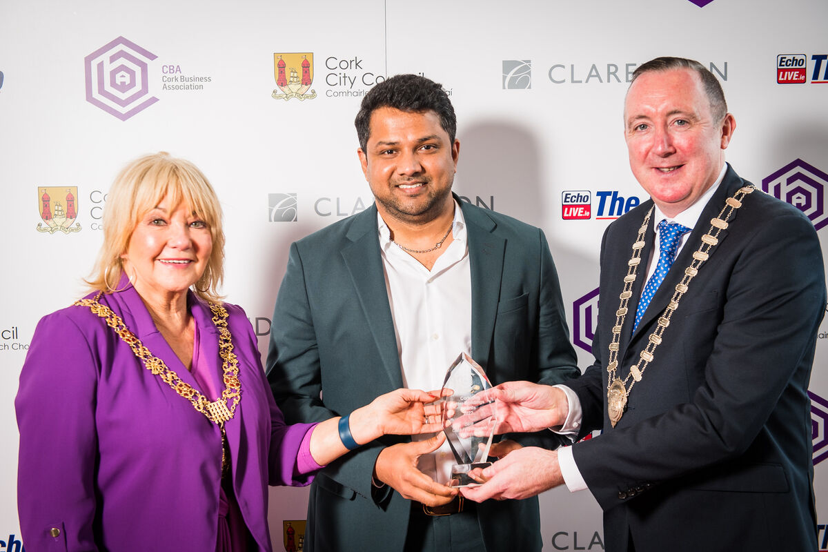 Winner of the Café and Restaurant is Kiely’s by The Blue Haven. Accepting the award is Chef Meeran Manzoor with Lord Mayor of Cork, Cllr Deirdre Forde and Kevin Herlihy, President of Cork Business Association. Photo Joleen Cronin