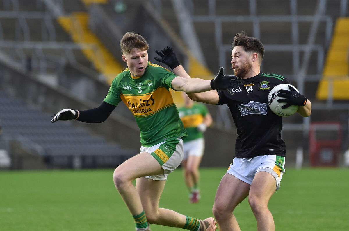  Fionn Warren, Kilmurry getting in a tackle on Cian Spriggs, Cobh during their Bon Secours Cork County Junior A football championship final at Páirc Uí Chaoimh. Picture Dan Linehan