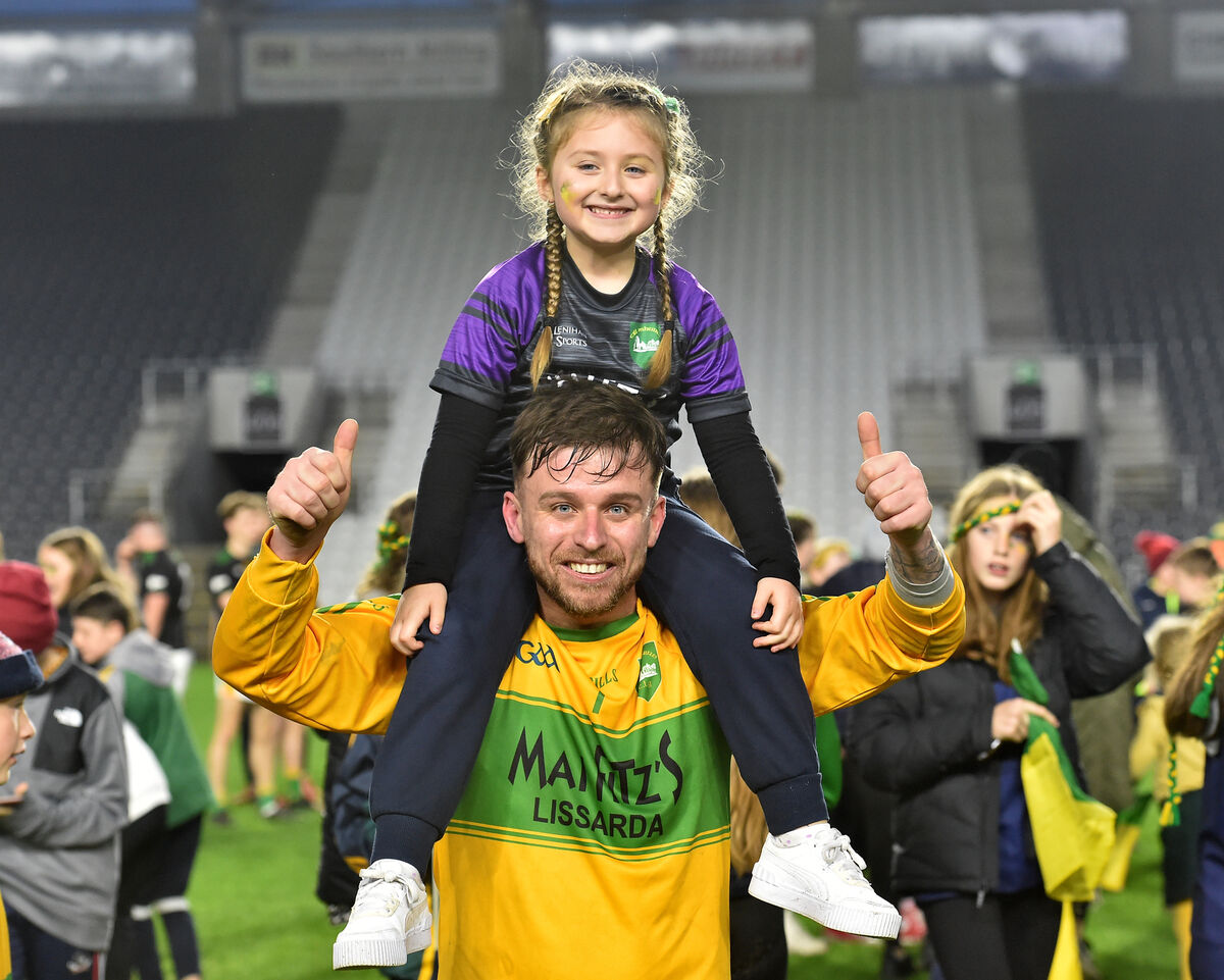  Kilmurry keeper Jason McDonnell with his daughter Arianna after their victory over Cobh in the Bon Secours Cork County Junior A football championship final at Páirc Uí Chaoimh. Picture Dan Linehan