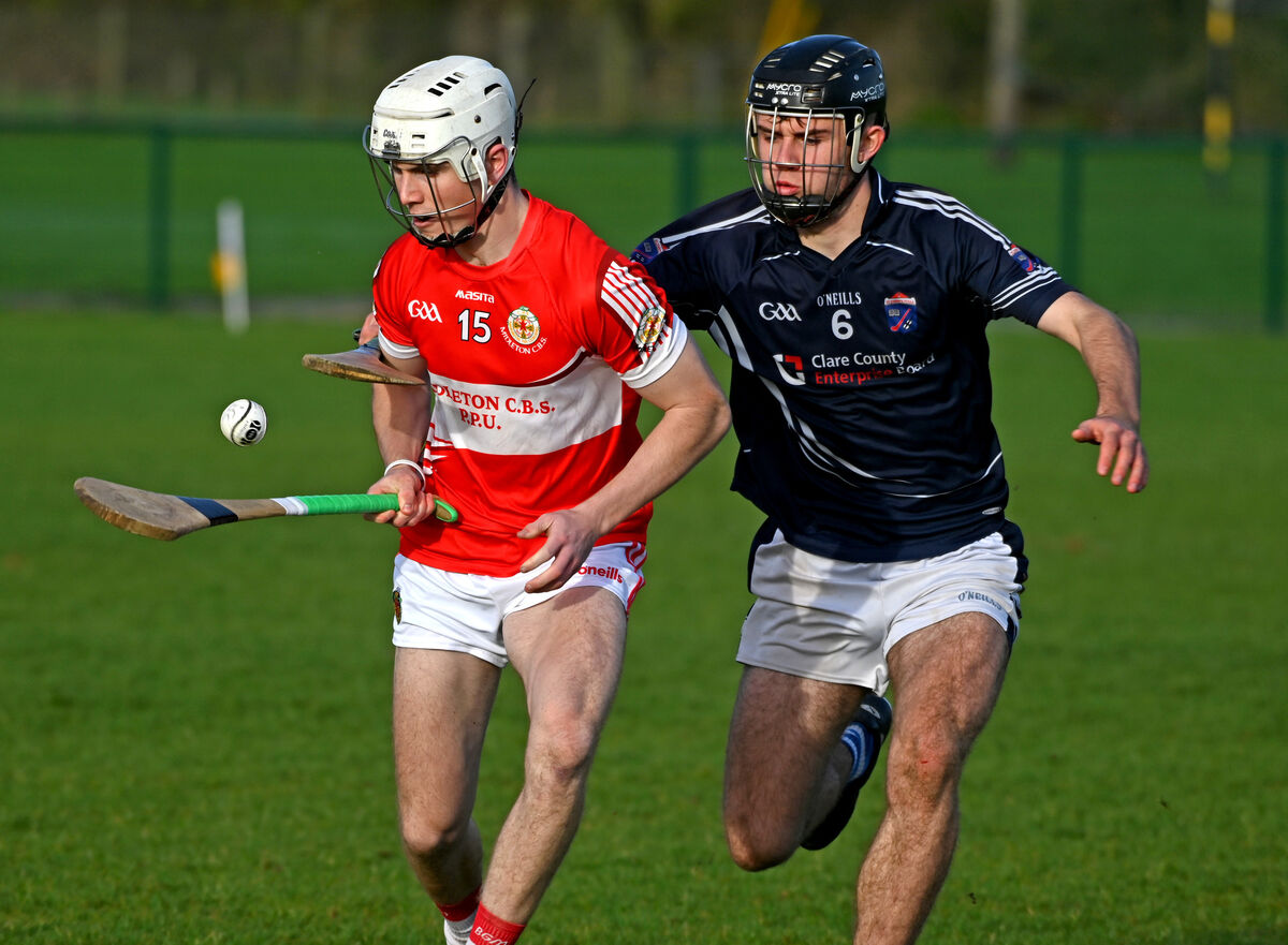 Midleton CBS' Jack Leahy wins the ball from St Joseph's Tulla's Evan Maxted. Picture: Eddie O'Hare