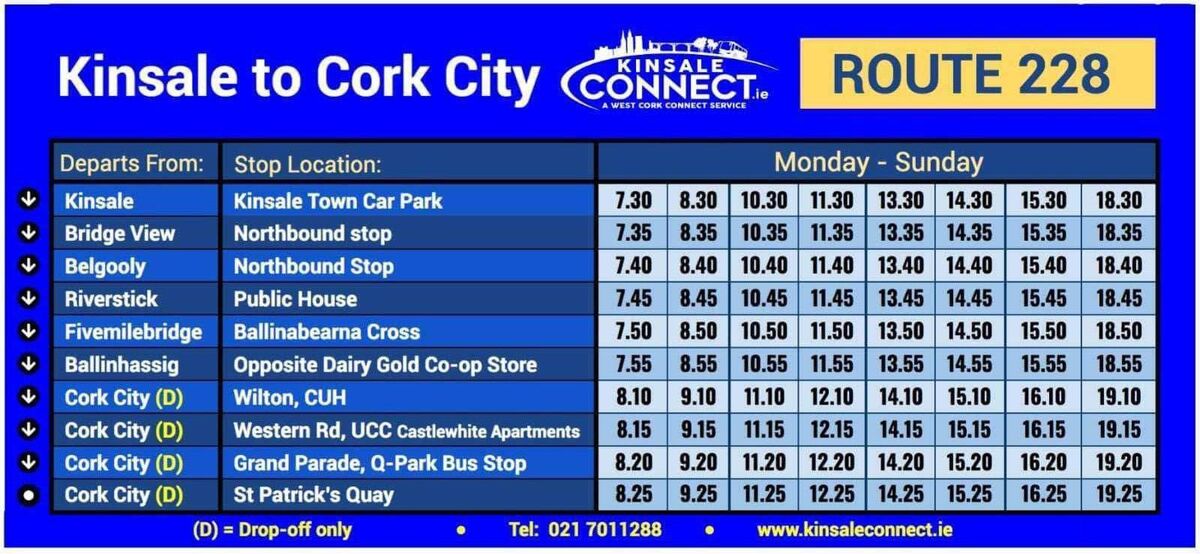 The Kinsale to Cork City timetable, route 228 
