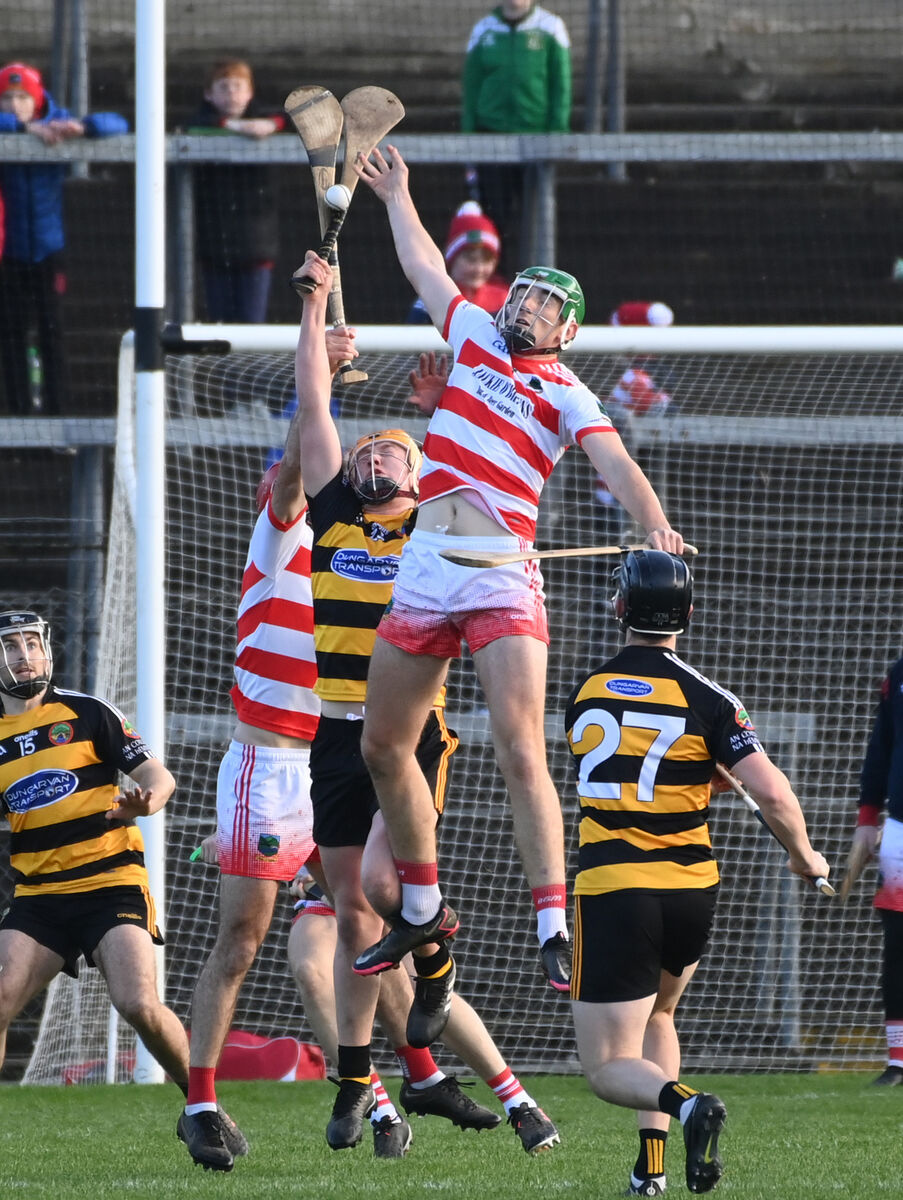 Ballygiblin's Mark Keane and Colligan's Adam Dunford go high for the ball during the AIB clubs Munster JHC semi final at Pairc Ui Rinn. Picture; Eddie O'Hare