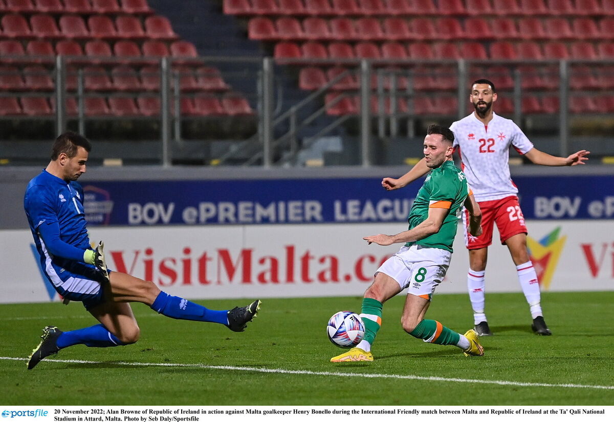Alan Browne of Republic of Ireland shoots on goal against Malta goalkeeper Henry Bonello. Picture: Seb Daly/Sportsfile