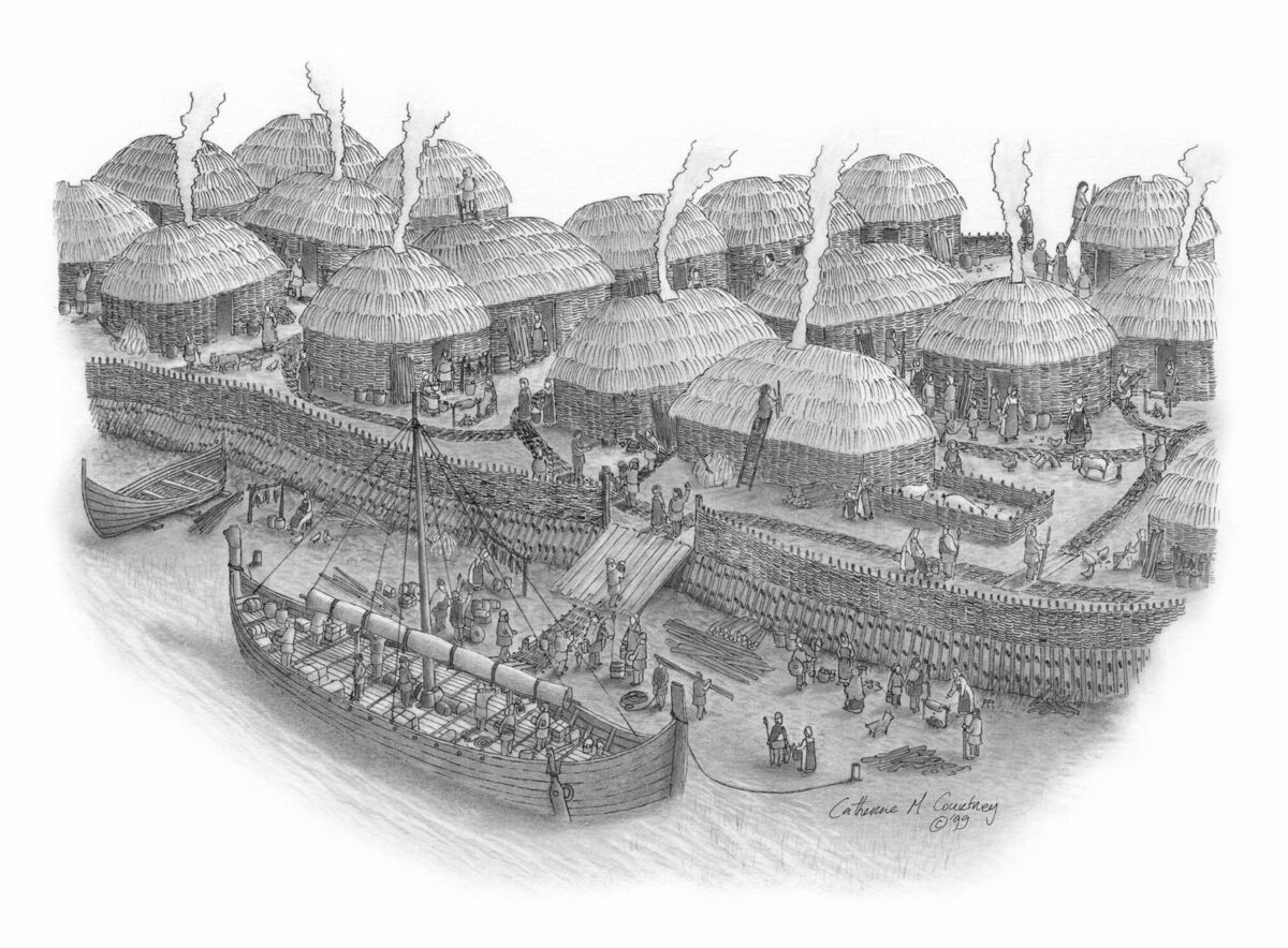 The smoky Hiberno-Norse settlement where today’s Bishop Lucey Park and South Main Street are situated. Picture: Courtesy of artist Catherine M. Courtney The smoky Hiberno-Norse settlement where today’s Bishop Lucey Park and South Main Street are situated. Picture: Courtesy of artist Catherine M. Courtney