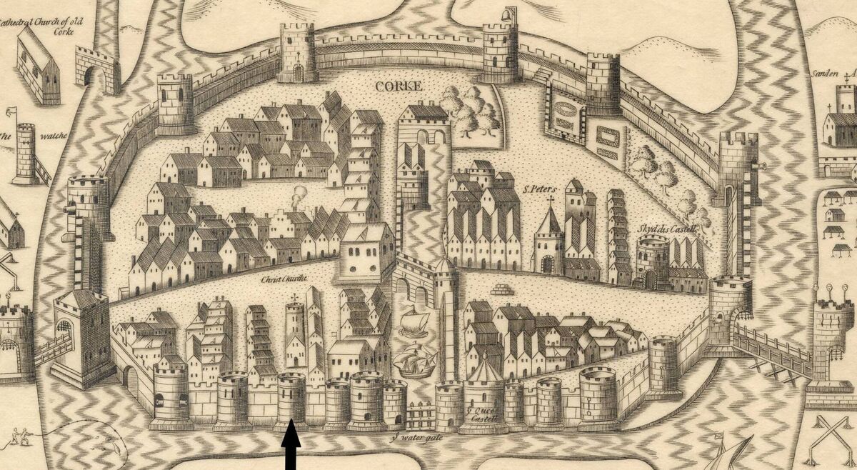 This section of the Pacata Hibernia map shows the walled City of Cork in medieval spender, circa 1600. The arrow identifies Hopewell Castle. Picture courtesy Cork City Library This section of the Pacata Hibernia map shows the walled City of Cork in medieval spender, circa 1600. The arrow identifies Hopewell Castle. Picture courtesy Cork City Library