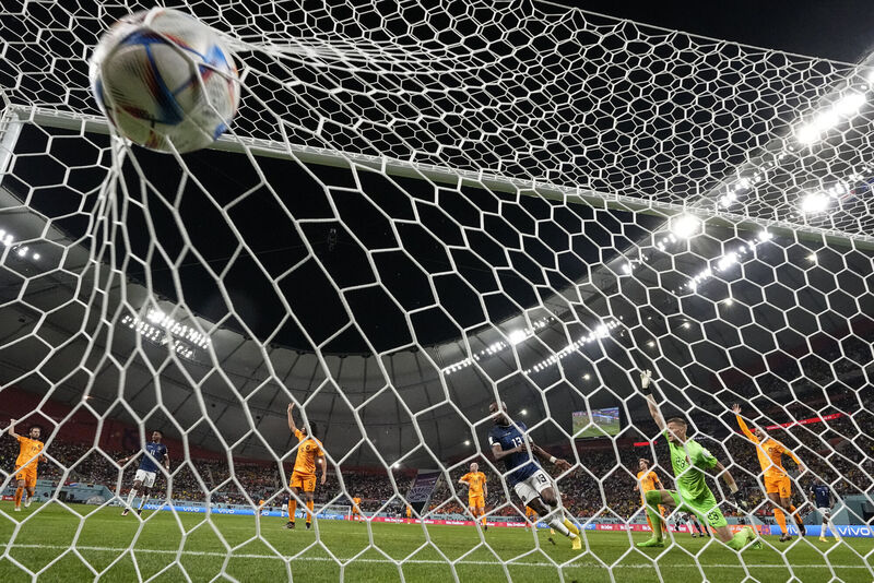 Ecuador's Enner Valencia scores his side's opening goal during the World Cup group A soccer match against the Netherlands at the Khalifa International Stadium in Doha, Qatar, yesterday. Picture: AP Photo/Natacha Pisarenko)