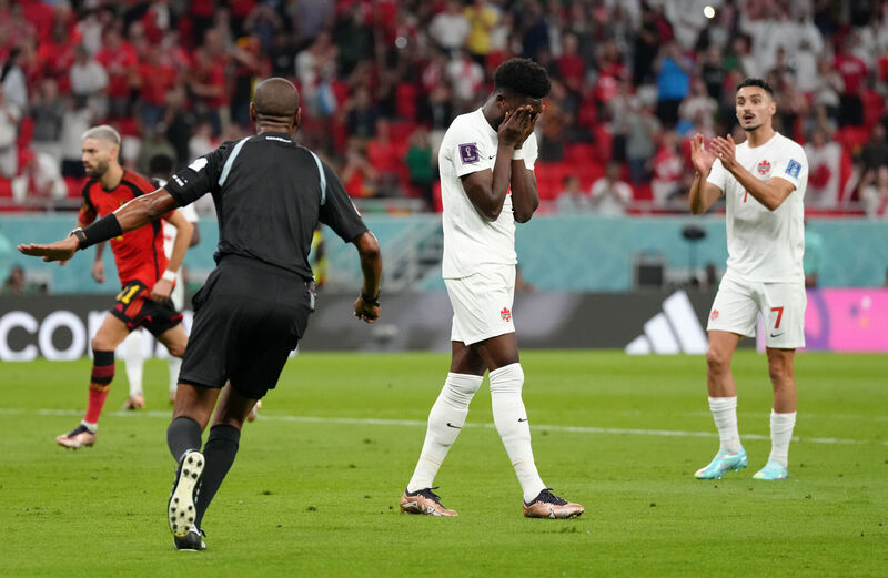 Canada's Alphonso Davies reacts after his penalty is saved against Belgium during their World Cup Group F match at the Ahmad bin Ali Stadium, Al Rayyan. Picture: Nick Potts/PA Wire.