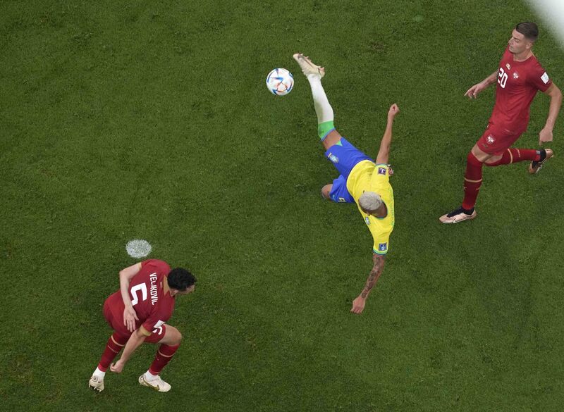 Brazil's Richarlison spectacularly scores the best goal of the World Cup so far, against Serbia, at the Lusail Stadium in Lusail, Qatar, on Thursday. Picture: AP Photo/Thanassis Stavrakis