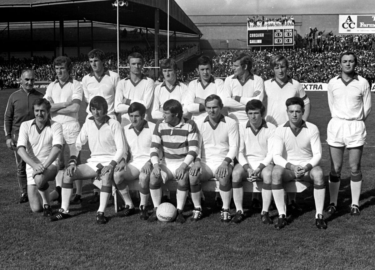 The Cork team, clad in white change jerseys, prior to the 1973 All-Ireland football final against Galway