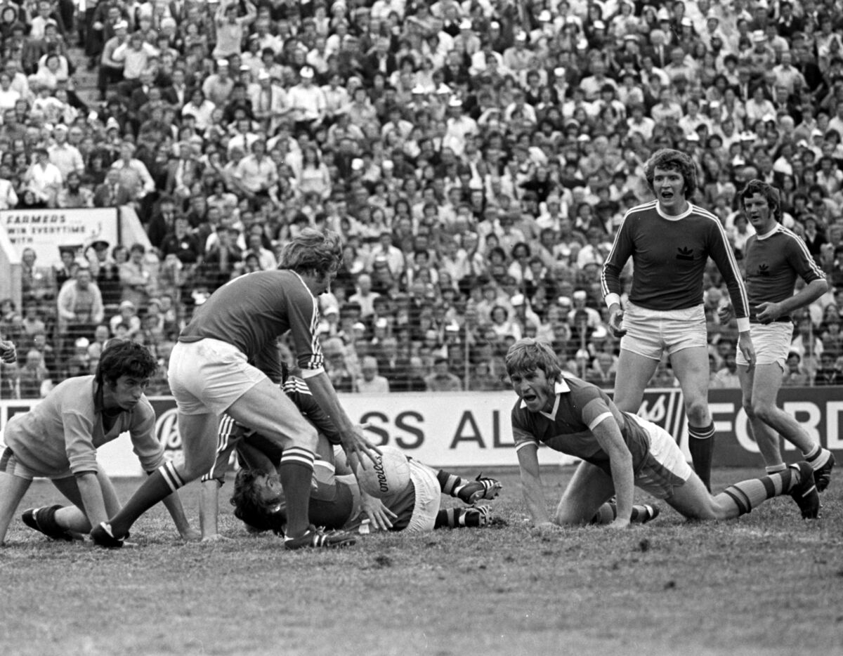 A goalmouth scramble in the 1976 Munster SFC final replay between Cork - wearing 'illegal' adidas jerseys - and Kerry