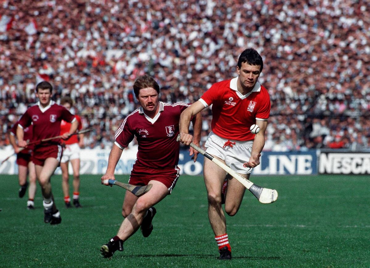 Jimmy Barry-Murphy in action against Galway's Sylvie Linnane in the 1986 All-Ireland hurling final. Picture: Inpho/Billy Stickland