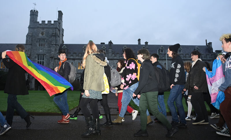 UCC LGBTQ+ Society protest on the main quadrangle at University College, Cork (UCC) to highlight a need for more trans healthcare in Ireland. Pic: Larry Cummins