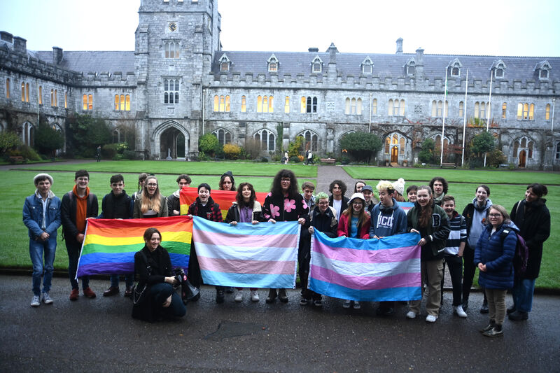 UCC LGBTQ+ Society protest on the main quadrangle at University College, Cork (UCC) to highlight a need for more trans healthcare in Ireland. Pic: Larry Cummins