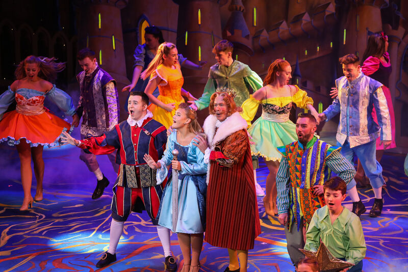 Principal leads, Eamonn Walsh (Prince Sebastian), Chloe Riordan (Princess Aurora) Michael Grennell (King Cedris and Kevin Twomey (Chester the Jester)) sing a song at the official opening night of Sleeping Beauty which is this years Christmas Panto at the Opera House, Cork. - Picture David Creedon