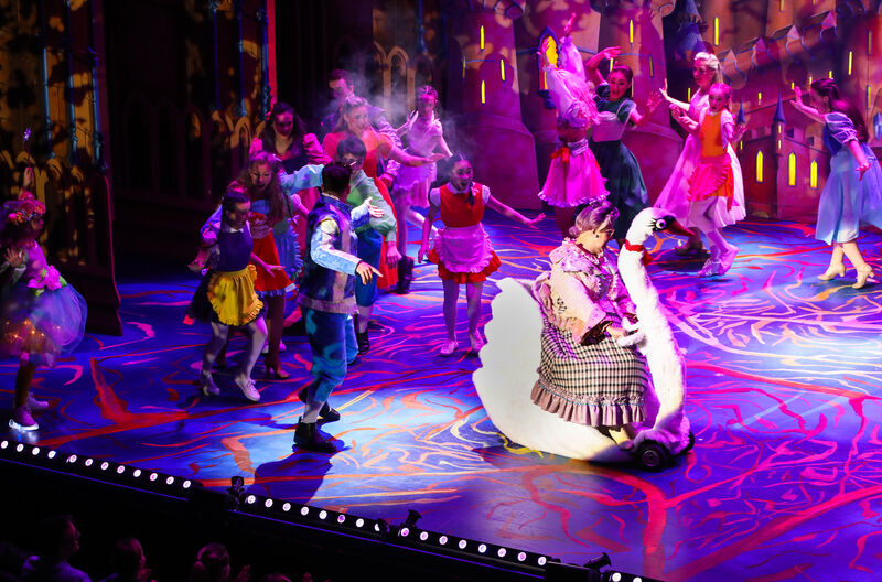 Nanny Nellie played by Frank Mackey arrives on her Swan during Act I of Sleeping Beauty which is this years Christmas Panto at the Opera House, Cork. - Picture David Creedon
