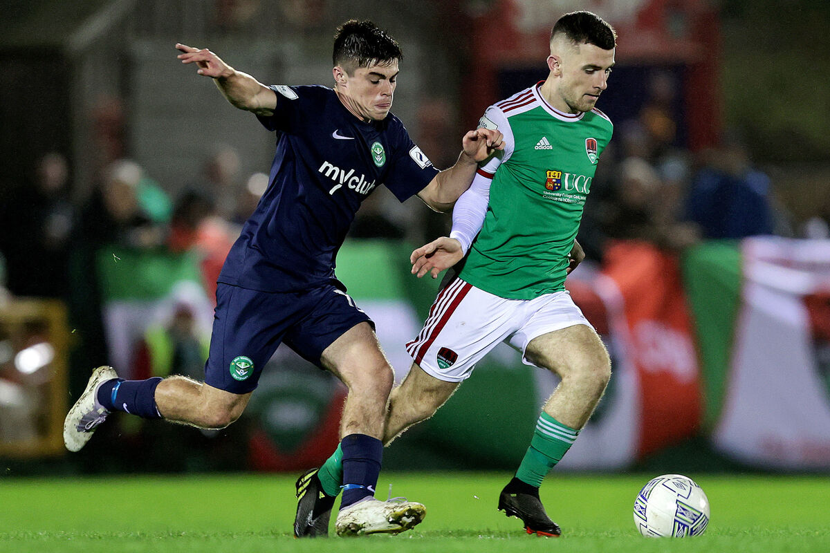 Cork City's Aaron Bolger and Josh McGlone of the Bray Wanderers