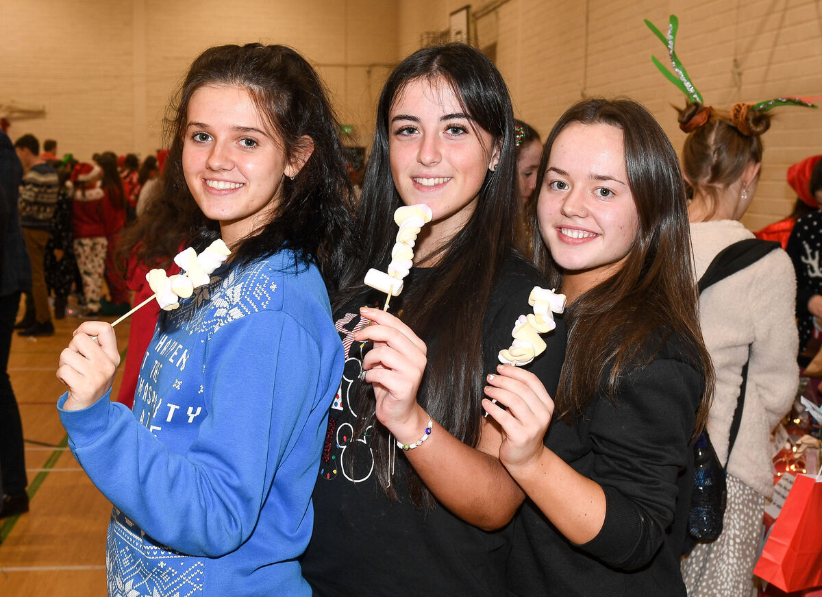 Fourth-year students Eimear McGrath, Alex Dunphy and Cliona Cullimore, enjoying their marshmallows during the Craft Fair and Christmas Jumper day at St Aloysius' College, Carrigtwohill, Co Cork. Picture: David Keane. Fourth-year students Eimear McGrath, Alex Dunphy and Cliona Cullimore, enjoying their marshmallows during the Craft Fair and Christmas Jumper day at St Aloysius' College, Carrigtwohill, Co Cork. Picture: David Keane.