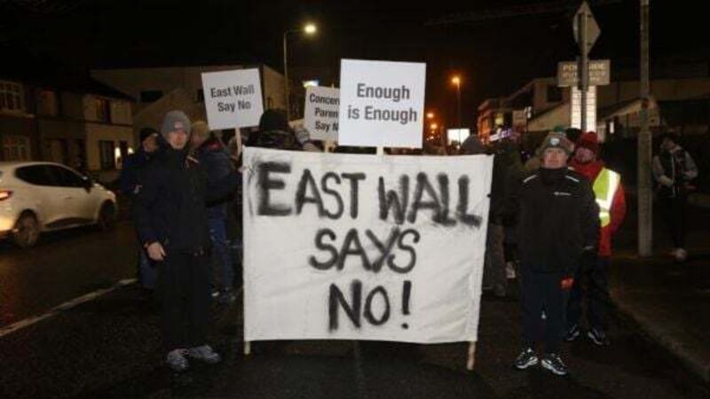 East Wall protesters call for referendum on housing asylum seekers East Wall protesters call for referendum on housing asylum seekers