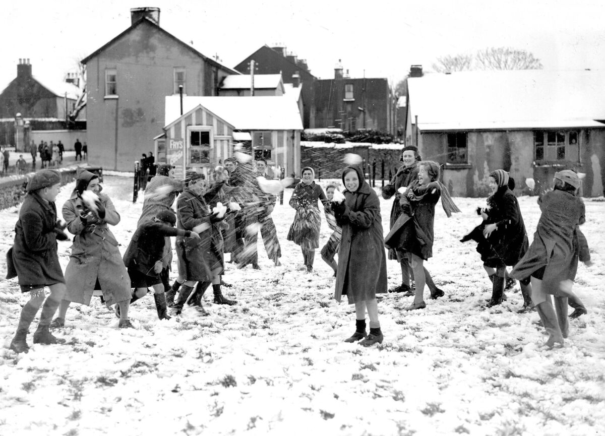 Snow scene after Sunday mass in Blackrock in the 1940s. 